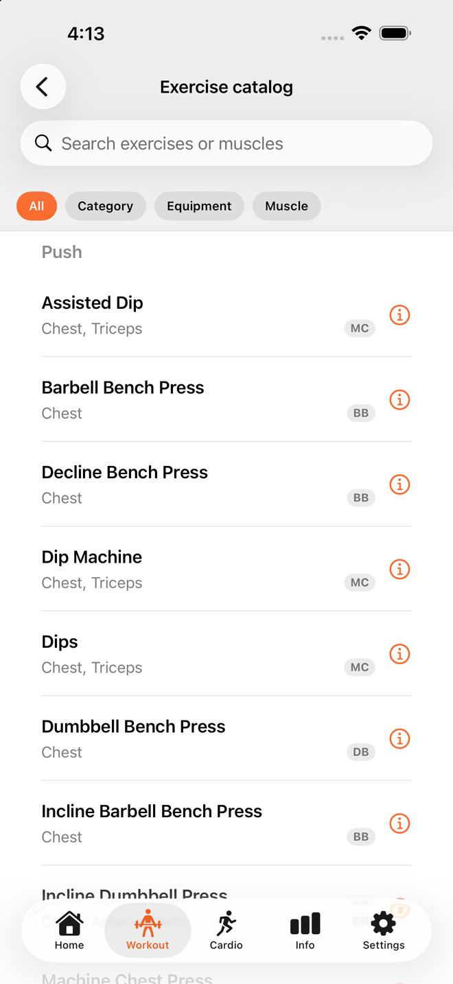 Exercise catalog with filters