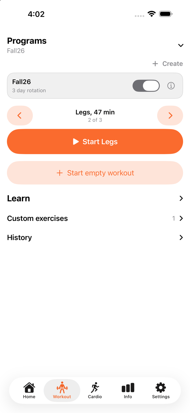 Push Pull Legs program screen